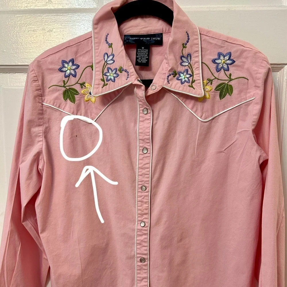 Susan Graver Women’s Western Shirt Sz L | Pink w Floral Embroidery Snaps